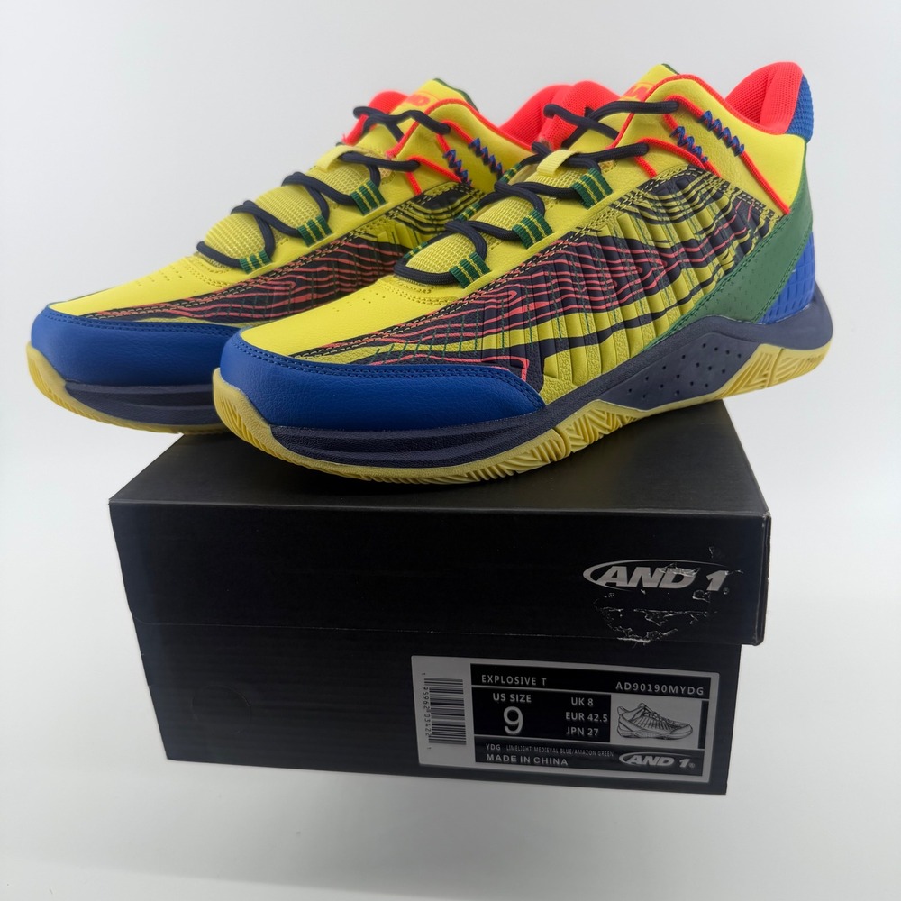 AND1 Explosive T Men Basketball Shoe Limelight Blue Green AD90190MYDG Size 9 NEW